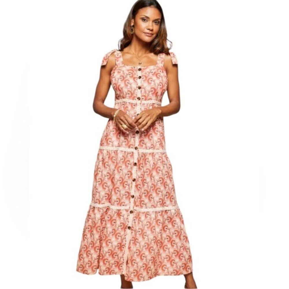 NEW Spartina 449 Linen Baylor Pink House Boho Floral Maxi Dress Size S